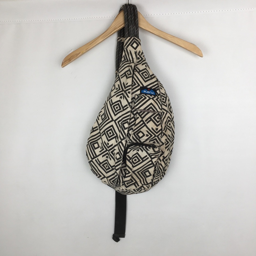KAVU Sling Bag Crossbody Backpack Gray & Cream Canvas Adjustable Rope Strap